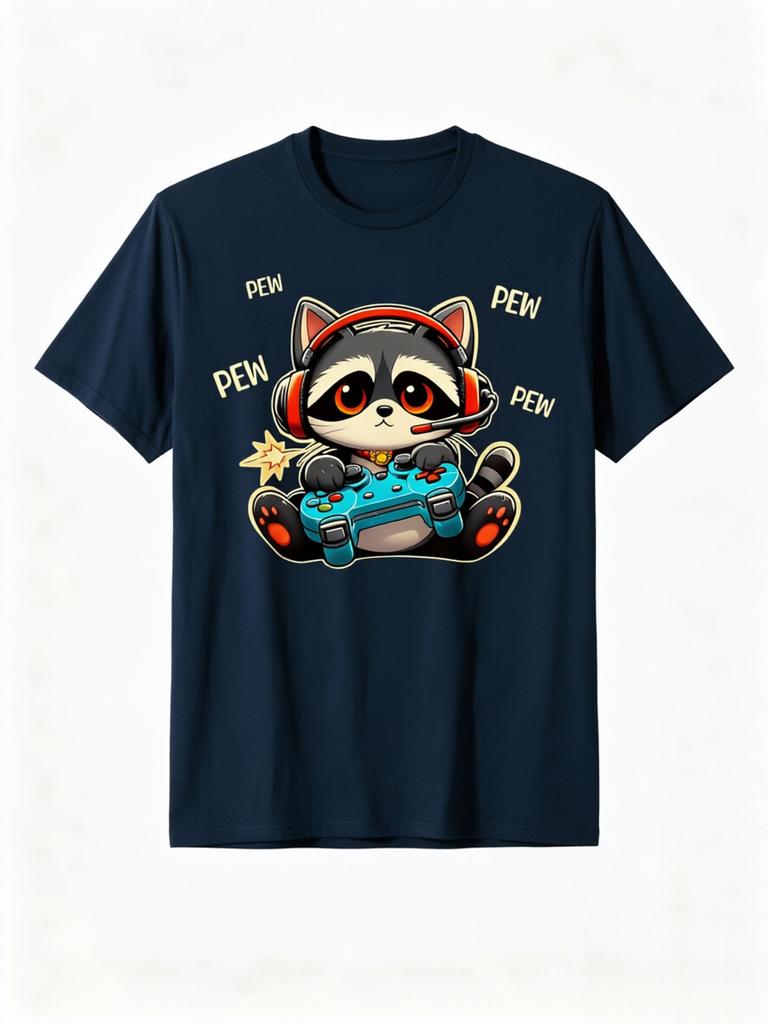 Cute Gaming Raccoon Pew Pew TShirt Cartoon Gamer Animal Graphic Tee Casual Cotton Short Sleeve Tshirt