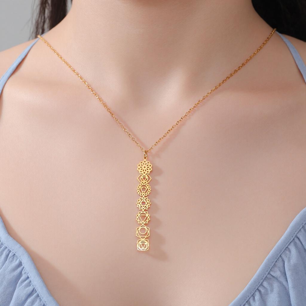 7 Chakra Pendant Necklaces for Women Stainless Steel Gold Sweater Chain Amulet Yoga Meditation Jewelry