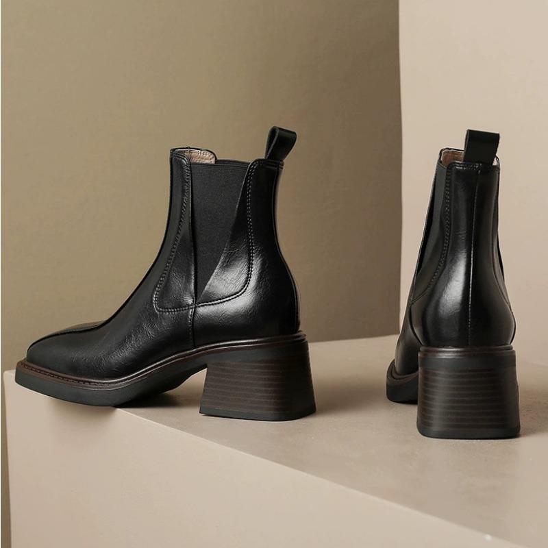 Autumn and Winter Retro Short Boots Women's 2024 New Genuine Leather Thick Heel Square Toe Chelsea Boots High Heel Woman's Shoes