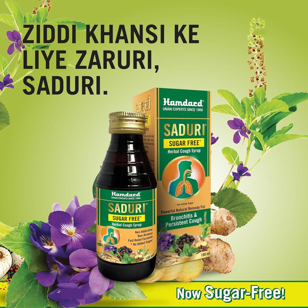 Hamdard Saduri SF Sugar-Free Cough Syrup 100 ML Pack of 3 Non-Drowsy Natural Relief for Cold