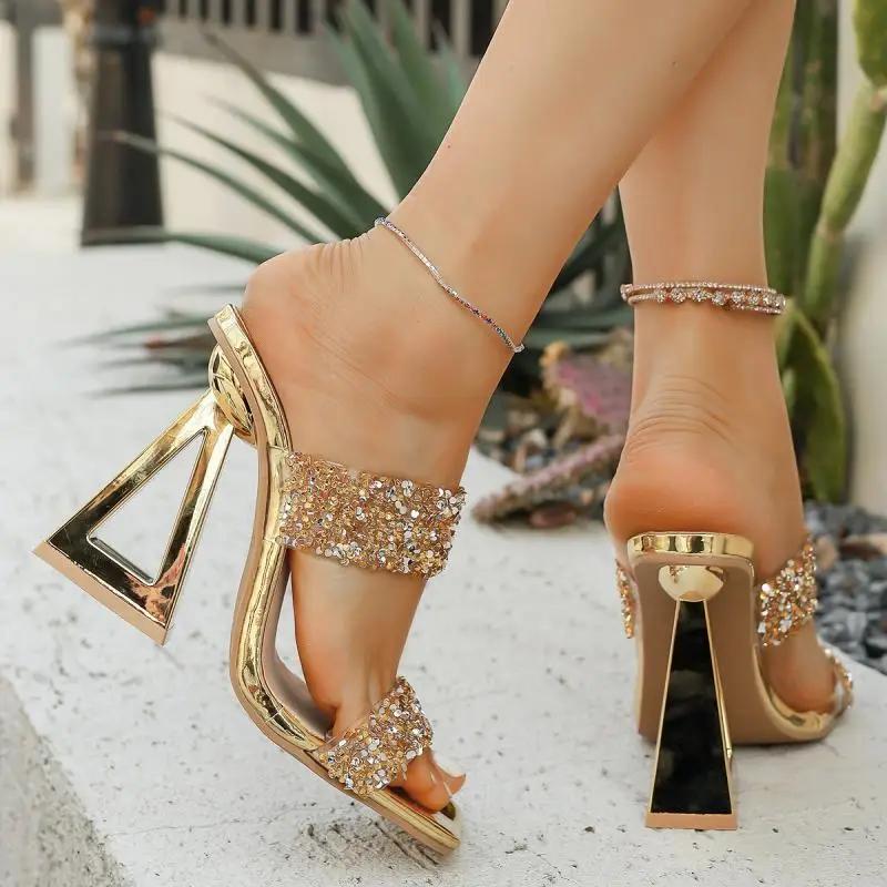 Fashion Luxury Gold Glitter Strap Square Toe Sandals Women Brand Design Strange Heels Slippers Women Shiny Rhinestone Party Dress Shoes