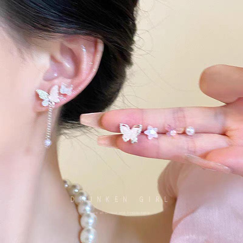 Pink Butterfly Tassel Pearl Stud Earrings Set for Women - High-End Luxury Jewelry
