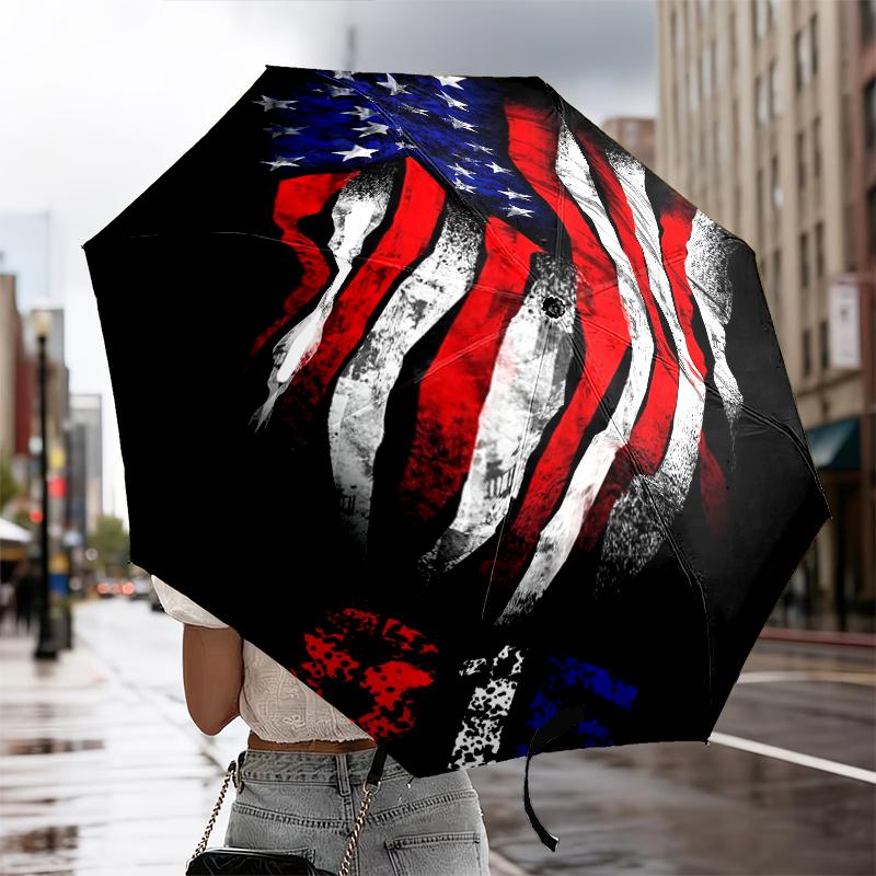 Liberty Statue With American Flag Automatic Folding Umbrella - 8-Rib Travel Umbrella with Auto Portable Case, Ideal Gift for Birthdays