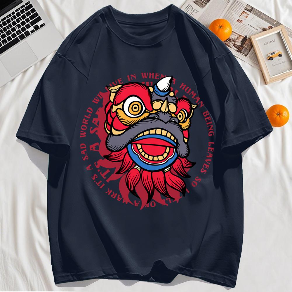 Energetic Dancing Lion Head Prints Mens T-Shirt Hip Hop O-Neck Short Sleeve Cotton Casual T Shirt Oversized Summer Top