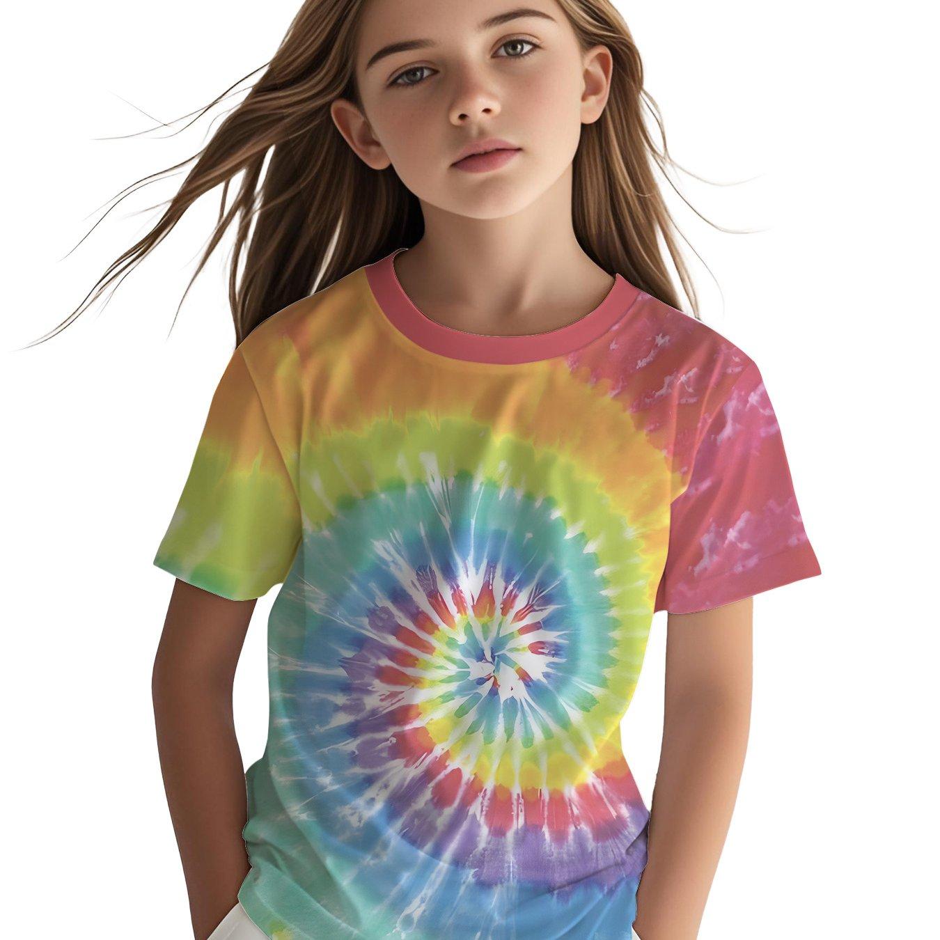 

Girls Rainbow Tie-Dye T-Shirt 3D Printed Soft Breathable Summer Top 100