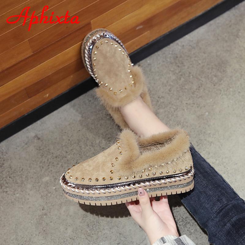 Aphixta Real Mink Fur Shoes Women Flats Luxury Rivets Hand Stitching Winter Shoes Woman Crystals Slip-on Platform Footwear
