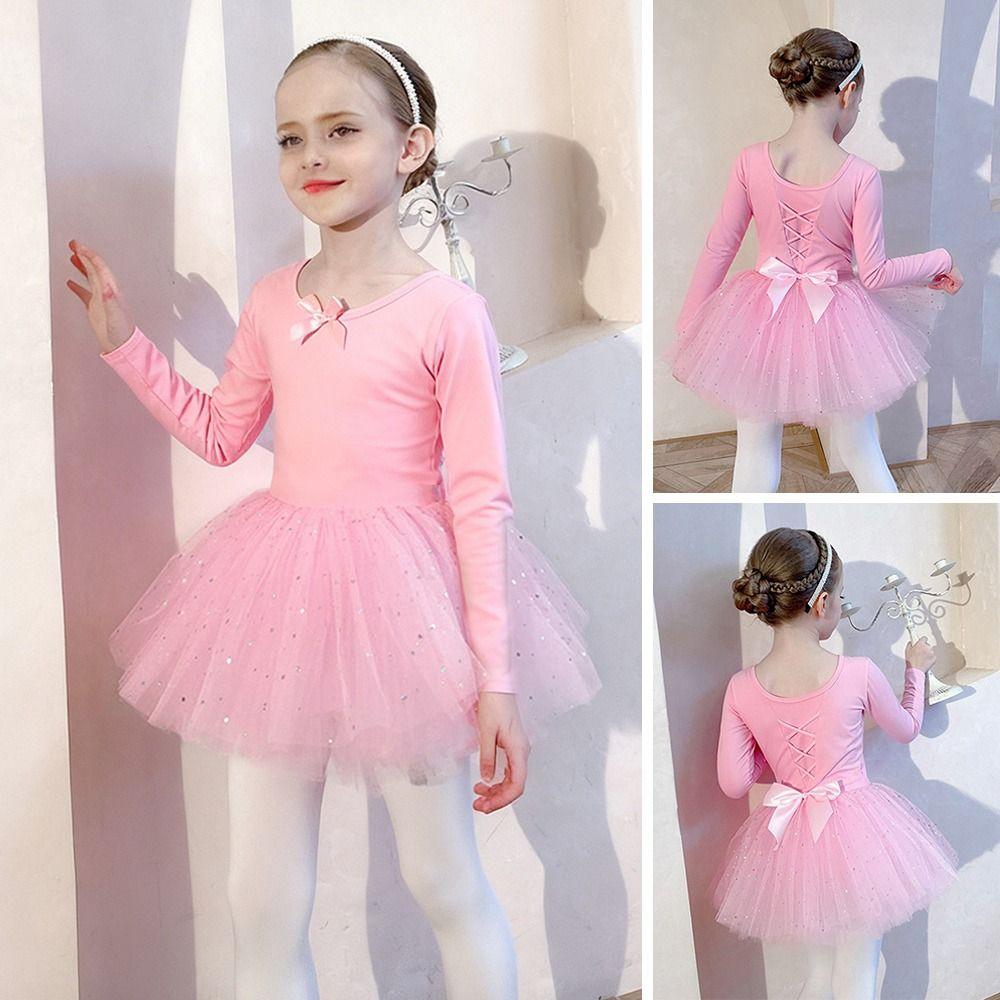 Fashion Long Sleeve Ballet Dress Cotton Sequins Ballet Tutu Skirt Party Dress Bowknot Performance Clothes Dance