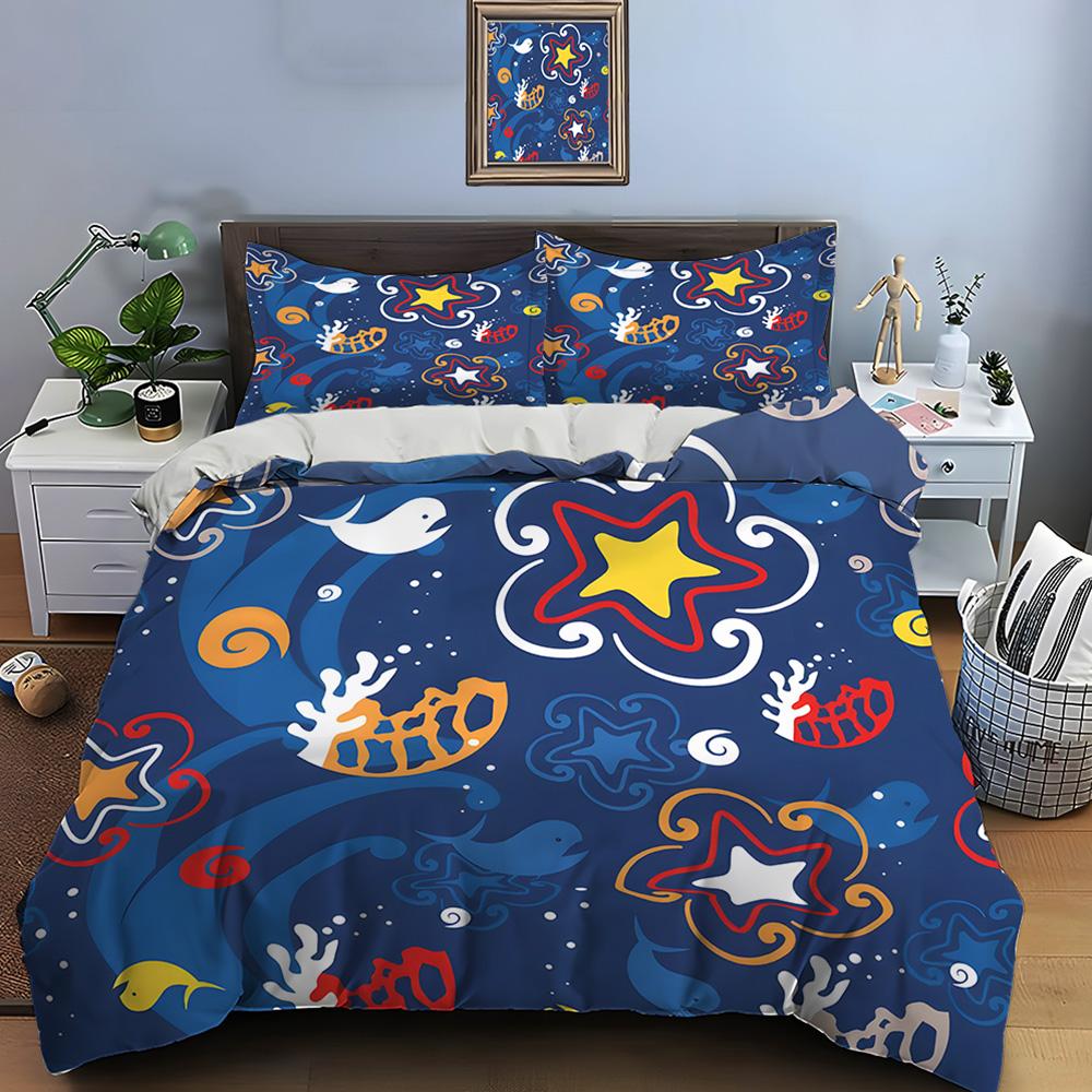 Patronen met Oceaan-thema en Ster-elementen Print Zacht Comfortabel Dekbedovertrek Beddengoedset Inclusief 1*Dekbedovertrek  2*Kussenslopen EU Twin 135X200cm&set