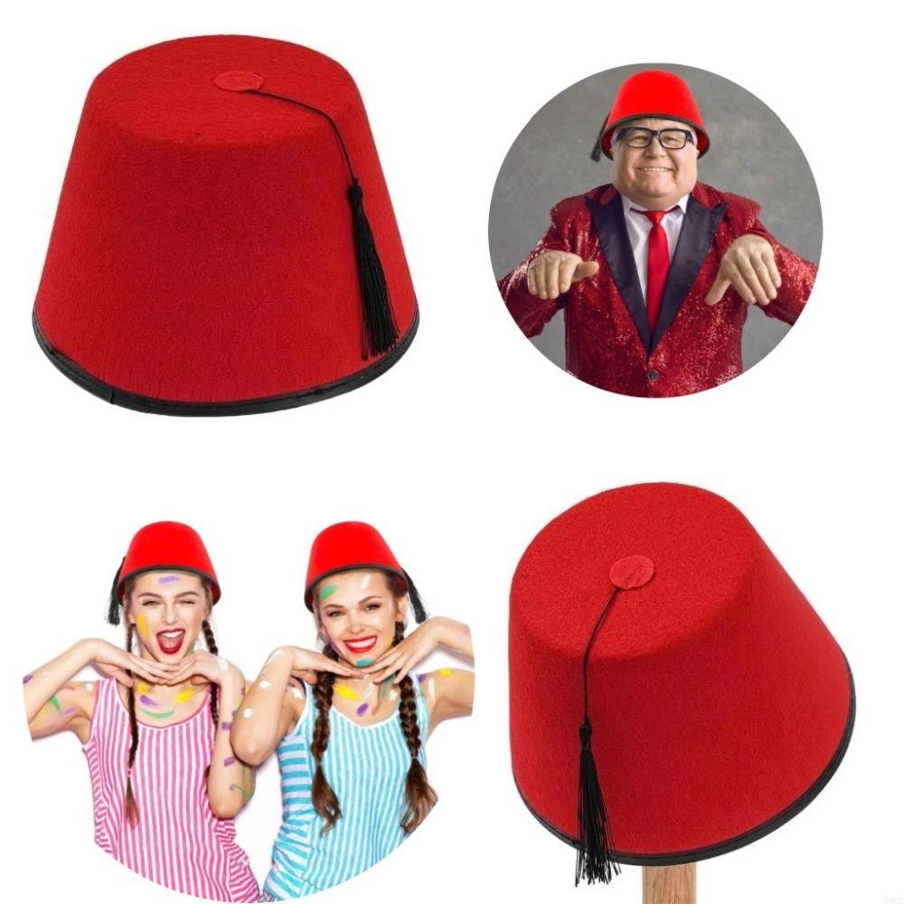 Gorra Fez Redonda de Fieltro Transpirable con Borlas Turcas Gorra Tarboosh Sombrero Fez Accesorios para Disfraz