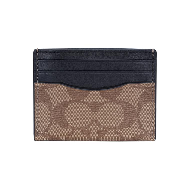 COACH Card Case Coated Canvas With Leather Card Holder, Wallet Mens Black Tan Khaki Monogram Basic Set (Bag + Dustproof Bag)