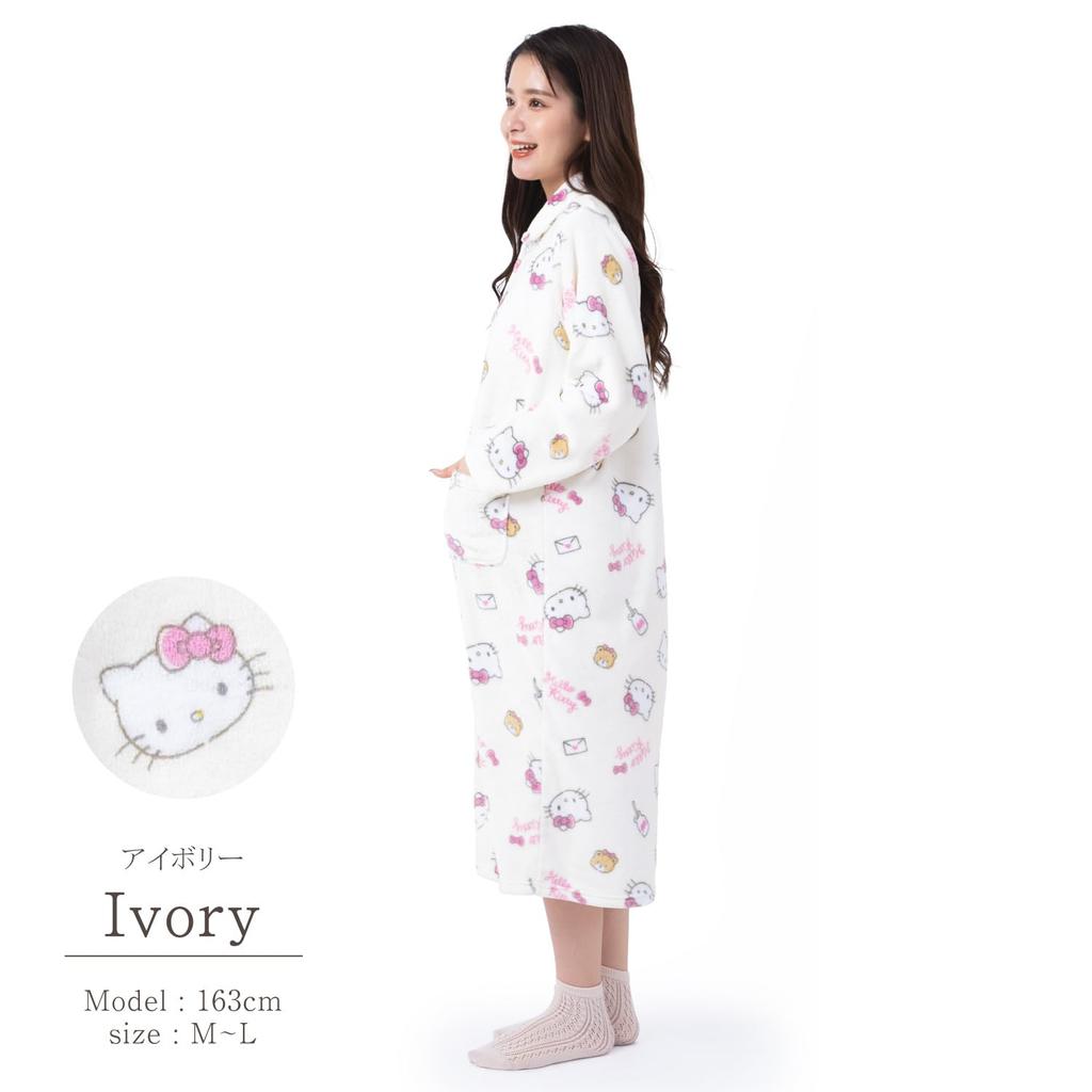Hello Kitty Nightgown Flannel Loungewear Pink Ribbon Hello Kitty [Sazac] One-piece Women's Button-down (Ivory/ML/SAN1747)