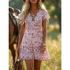 Mini Abito da Donna Boho con Stampa Floreale, Scollo a V, Incrociato, Maniche Corte, Orlo Arricciato