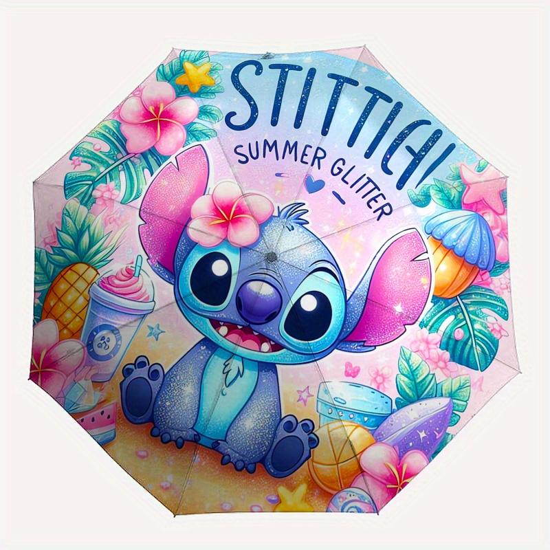 Stitch Summer Glitter Themed folding umbrella, the best choice for gift giving, 8 ribs, casual, durable, lightweight and portable travel umb