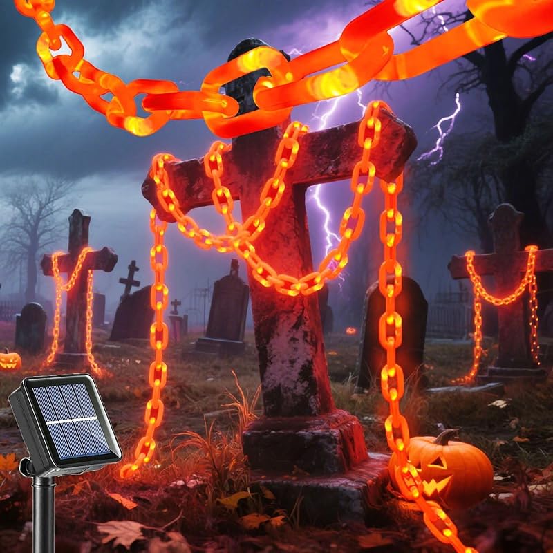 

Солнечные Хэллоуинские украшения Пластиковые гирлянды, Цепи-реквизиты с 8 режимами освещения, Гирлянды для собаки-скелета, Жуткие аксессуары для костюмов 2 meters оранжевый