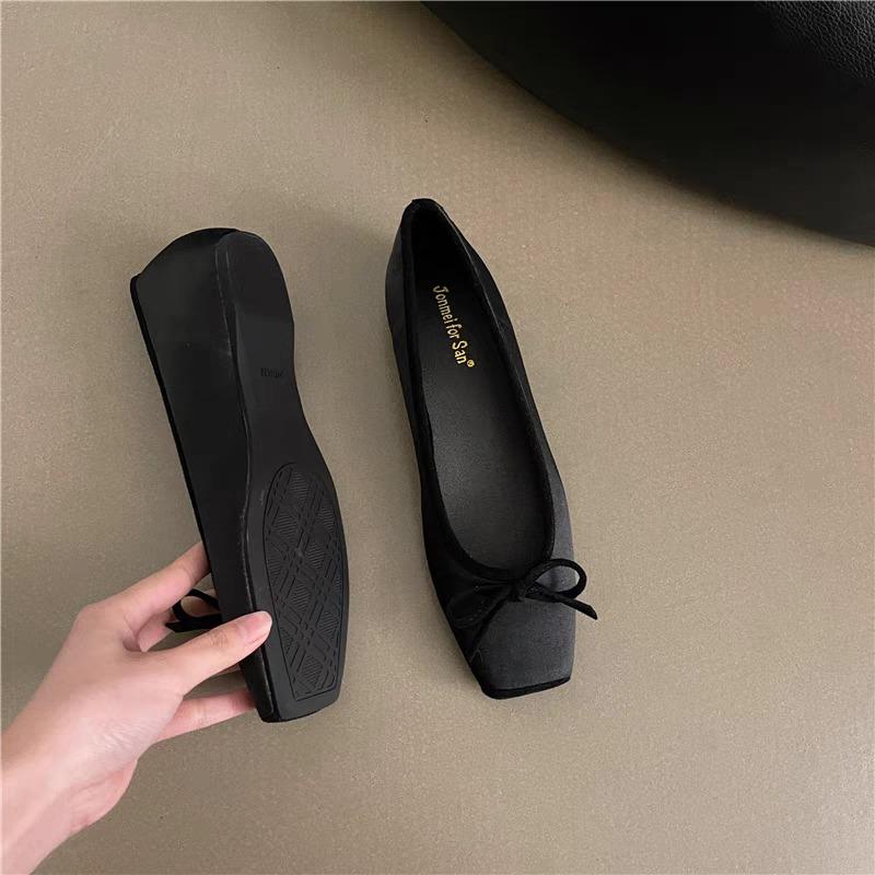 Fashion Flat Single Shoes Women Fashion Square Head Shallow Mouth Fabric Butterfly Knot Soft Sole Anti-slip Wear-resistant Low-top Shoes