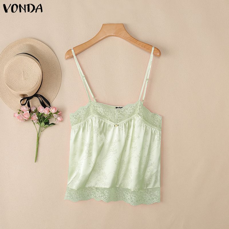 VONDA Women's Sexy Lace Trim V-Neck Sleeveless Spaghetti Strap Cami Tank Top