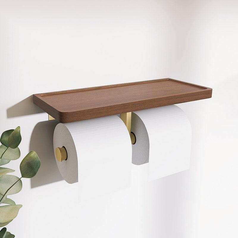 Wood Bathroom Paper Towel Holder Brushed Gold Toilet Paper Roll Holder Wall-mounted Cell Phone Shelving Toilet Paper Box
