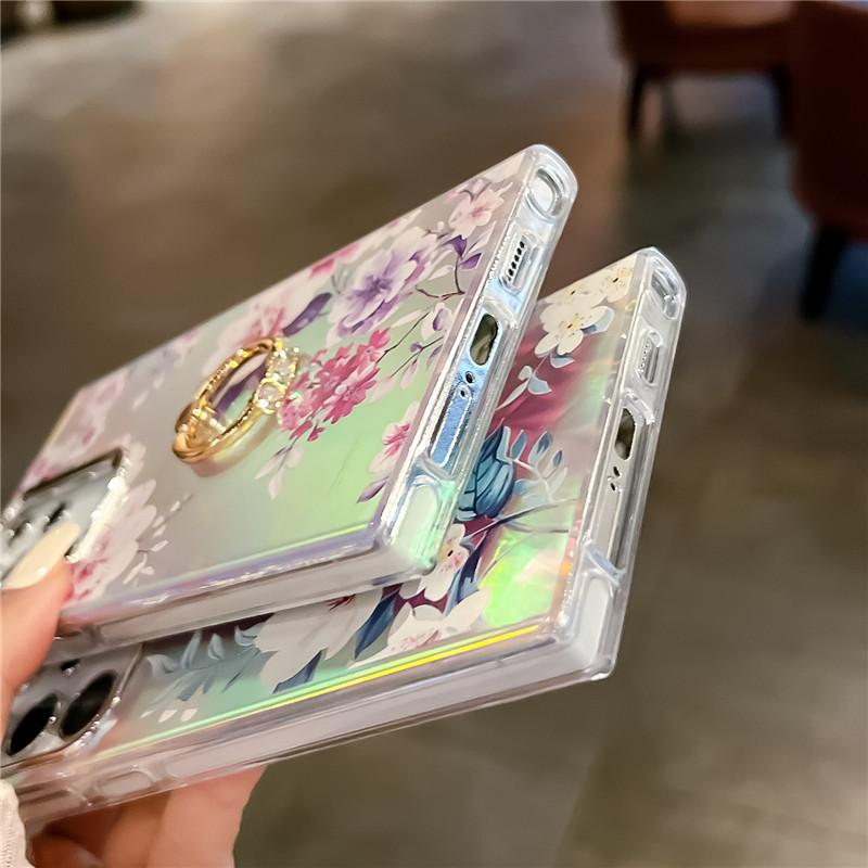 Diamond Ring Phone Holder Raser Case for Samsung A25 A54 A55 A15 A35 A14 A34 S24 Plus S22 Ultra S23 FE Flower Leaf Bling Cover