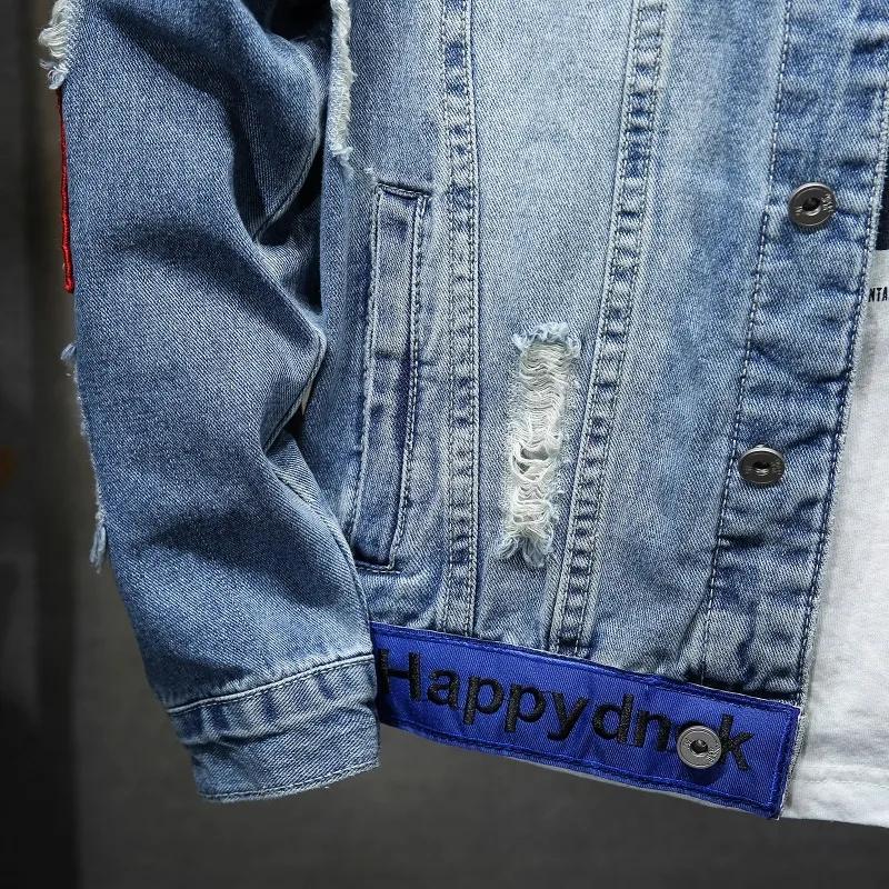 Jaqueta Jeans Masculina com Remendos Rasgados Streetwear Casaco de Algodão Desgastado Remendo Bordado Patchwork Roupa Exterior