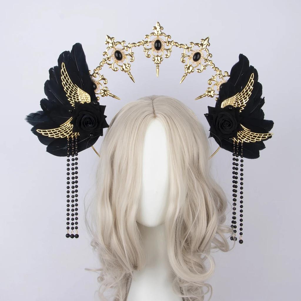 Lolita Corona Aureola Solare Fascia per Capelli Catena di Perline con Nappe Ali d'Angelo Fascia con Spine di Rosa Gotico Vintage Diadema Mary Barocco Copricapo