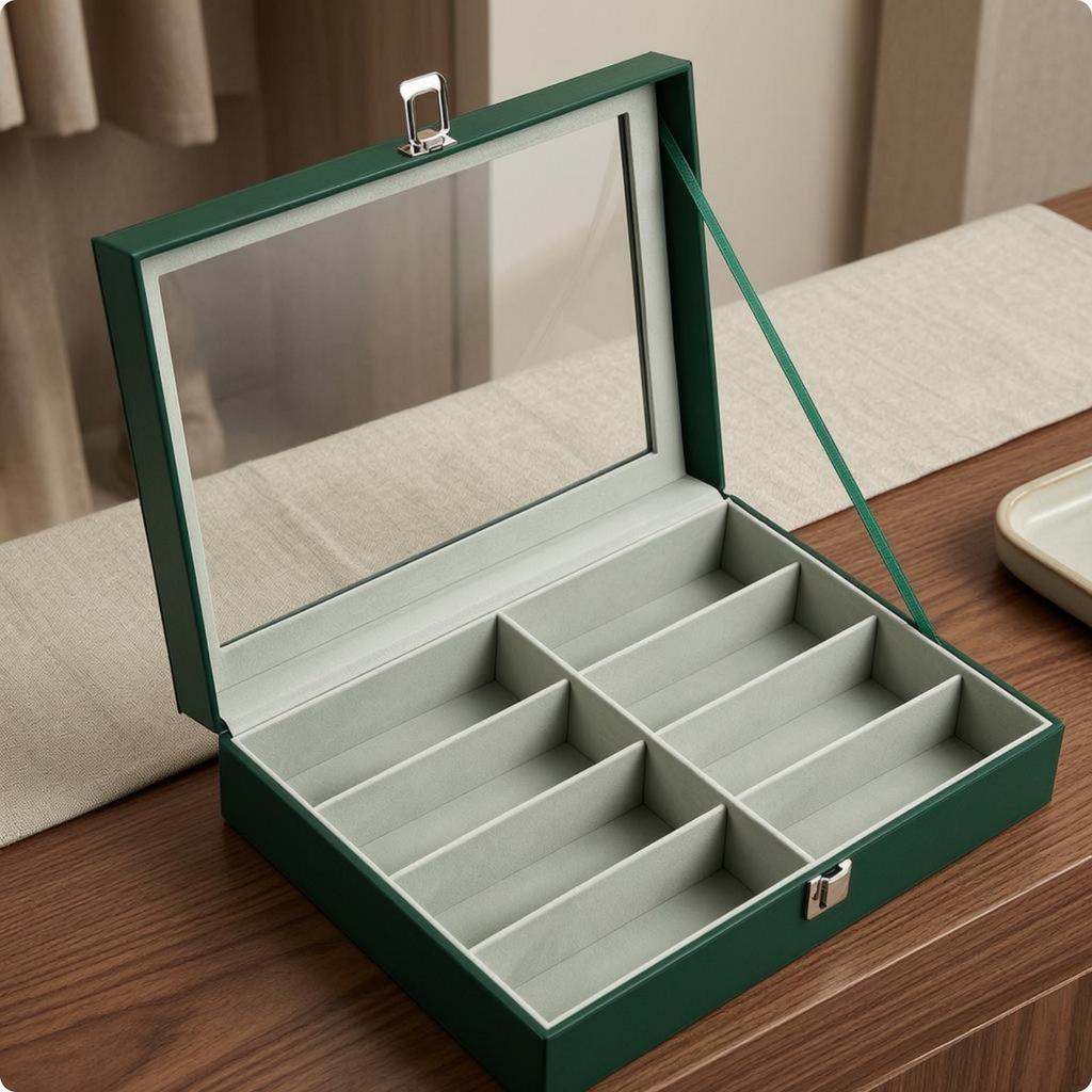 Organizzatore per Occhiali a 8 Scomparti Custodia Espositore per Occhiali in Ecopelle Scatola Porta Occhiali con Chiusura Metallica
