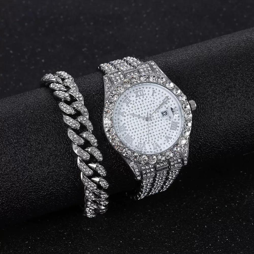 xiaomi 2pcs/set - Glitzy Rhinestone Watch & Cuban Link Bracelet Set - Sparkling Quartz Timepiece with Durable Steel Strap