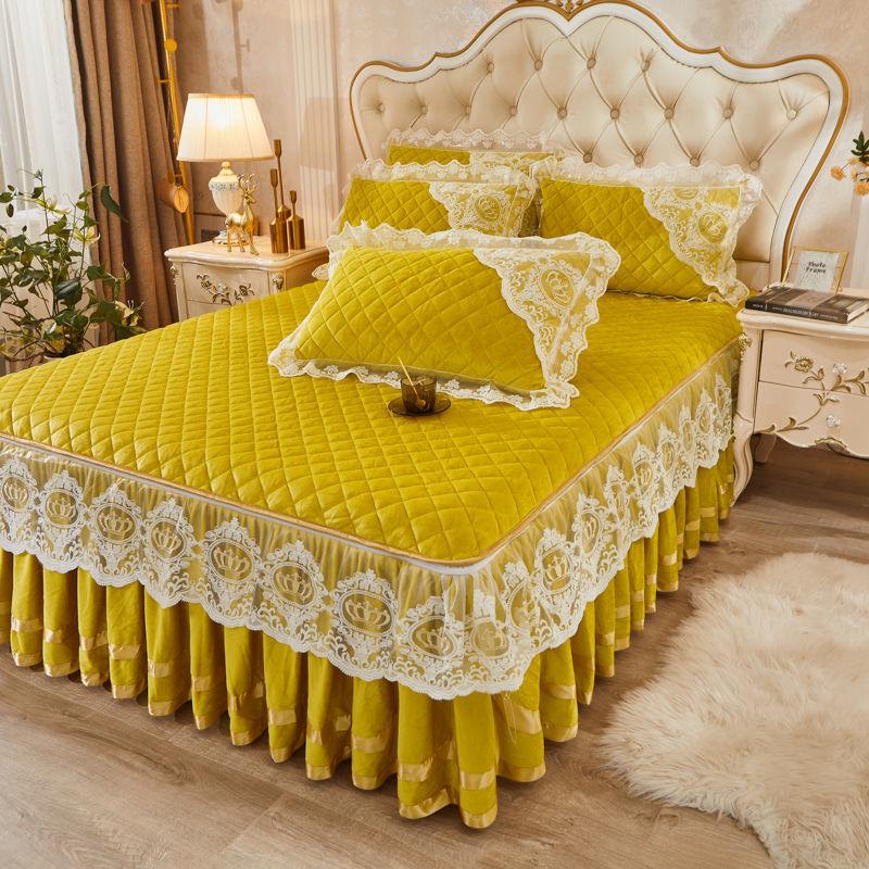 European Style Velvet Bed Skirt Quilt Cover Pillowcase 3pc Suit Thicken Autumn Winter Keep Warm Double Sided Short Plush Bedspread Quilt Cover