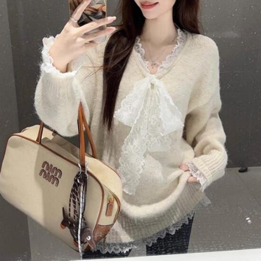 Navava Women Lovely Lace Ribbon Long Sleeve Knit Tee Nk2782