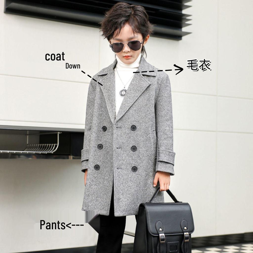 Boys' Mid-Length Wool Trench Coat - Stylish and Warm Korean-Style Overcoat for Autumn and Winter