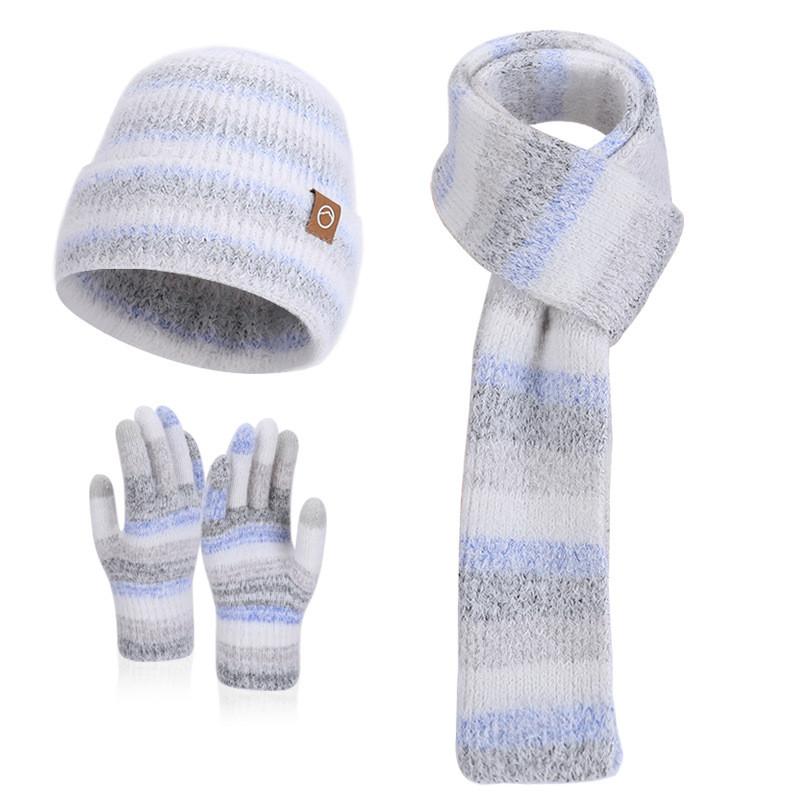 Knitted Hat Scarf Gloves Threepiece Winter Warmth Set For Ladies With Wind Resistance