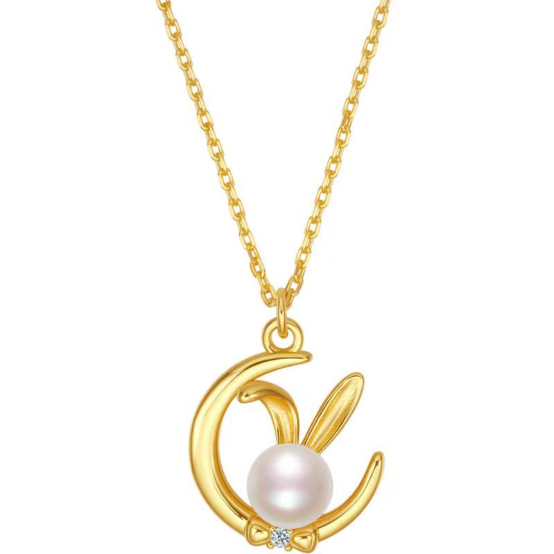 Elegant Moon Rabbit Pearl Necklace with Zircon Pendant - Zodiac Clavicle Chain for Women