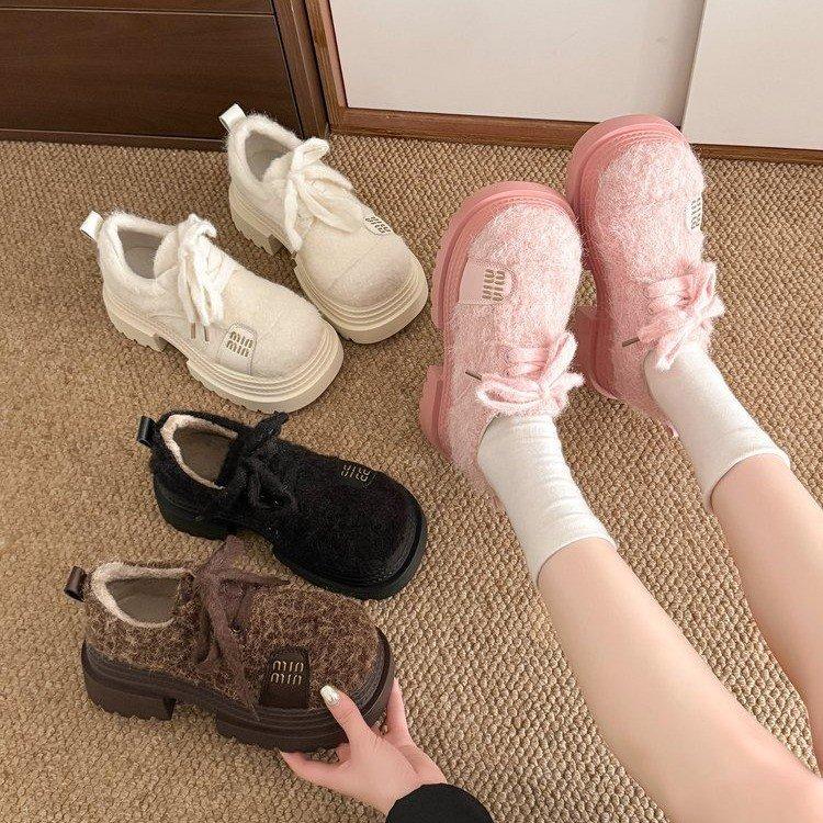 European Golden Velvet Big Head Lace-up Muffin Platform Loafers Women's Versatile Small Height Increase Casual Fluffy Women's Shoes