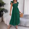 Summer Solid Colour Square Neck Wooden Ear Side Waist A-Line Long Women's Loose Casual Dresses