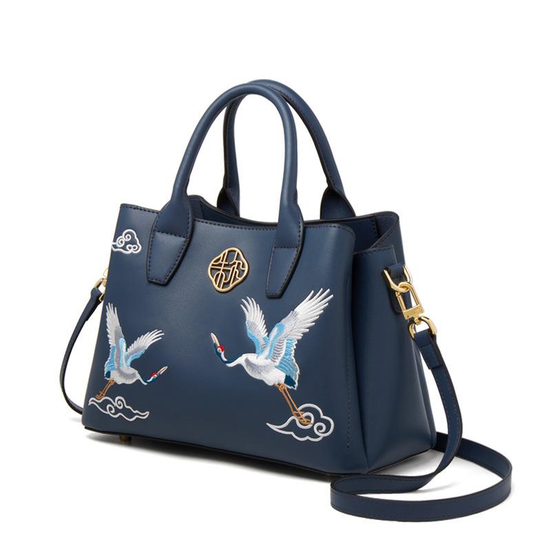 

Кожаная женская сумка, высококачественная фактурная сумка, вышитая сумка для мам, сумка на одно плечо, сумка-тоут 27*13*20cm синий