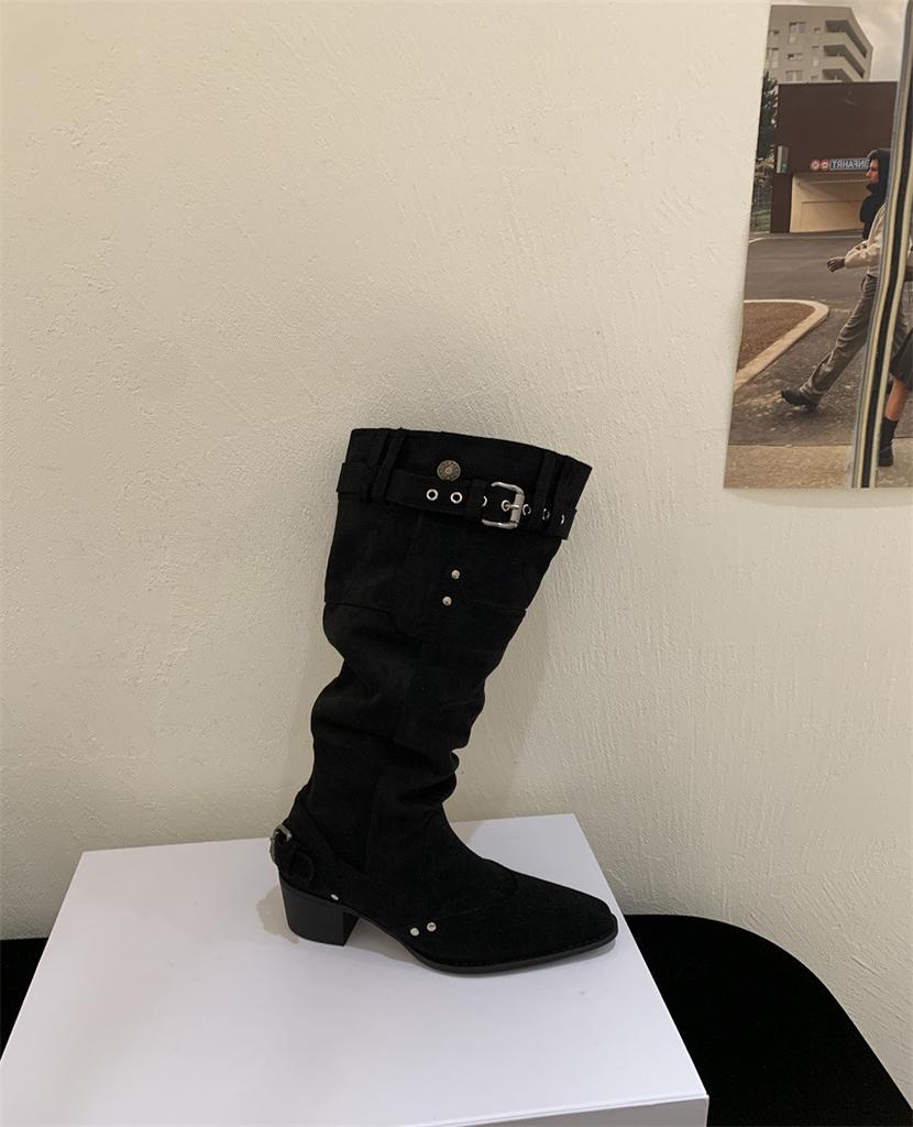 2025 New French Pointed Belt Buckle Wide Tube Thin European and American Style Thick Heel Boots Street Style Wear