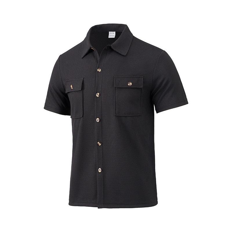 Summer European and American men's waffle short-sleeved casual solid color lapel button-up pocket tooling shirt