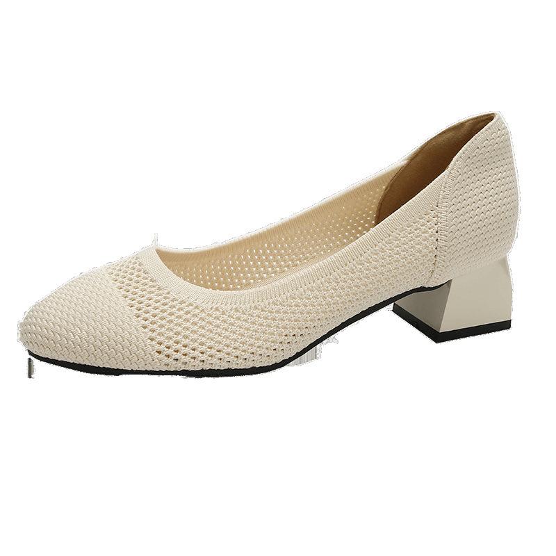New hollow comfortable casual round head shallow mouth knitted foot thick heel high heel women's single shoes