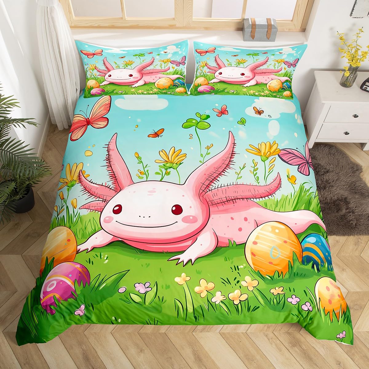 

Lovely Axolotl Soft Duvet Cover,Botanical Leaf Beding Set,Sea Animal Warm Comforter Cover for Young Boys Young Girls Carton Salampluser Bedspread 135*200cm Eu-Single