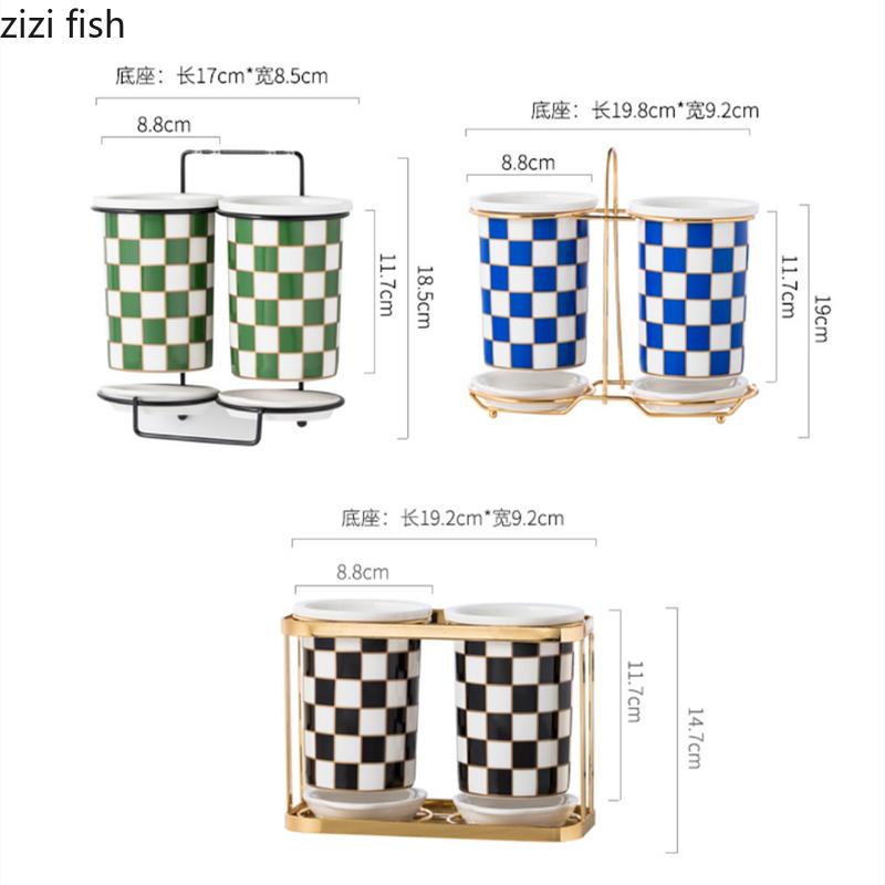 Checkerboard Ceramic Chopsticks Holder Drain Rack Chopsticks Basket Chopsticks Box Cutlery Box Storage Rack Wall-mounted Shelf