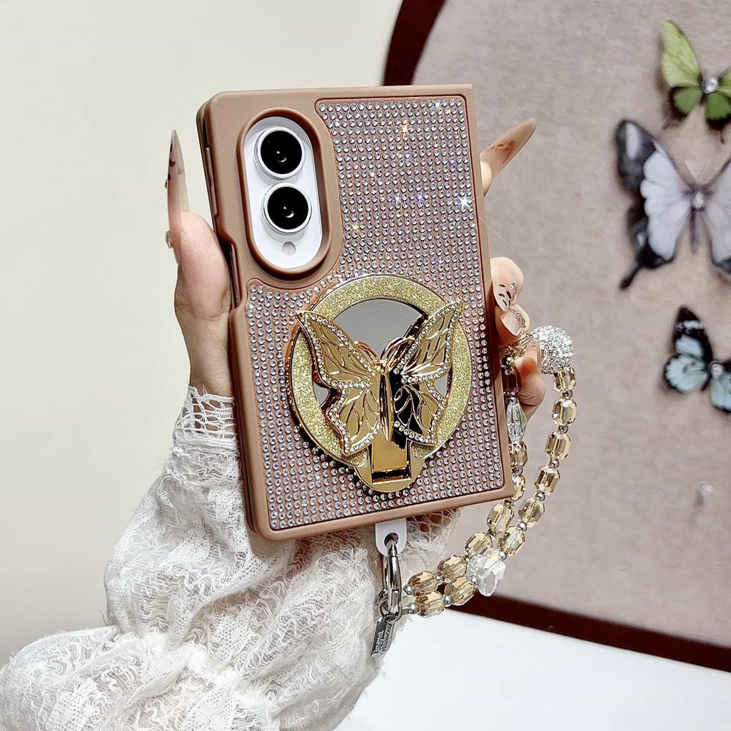 Θήκη για Samsung Galaxy Z Fold 8 Ultra 7 6 5 4 3 με Στρας Πέτρες Πεταλούδα Βάση Στήριξης Αποσπώμενο Λουράκι Καρπού με Κρύσταλλο Κάλυμμα Προφυλακτήρες Τηλεφώνου