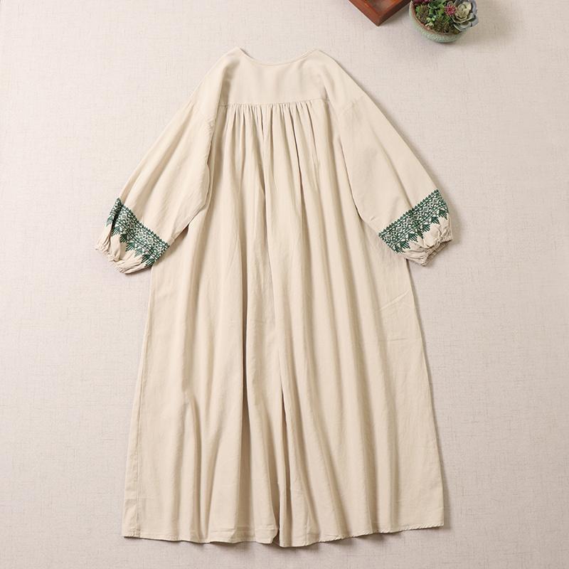 Ele Embroidered Cotton Lin Long Sve Dr Loose Fit A-Line Silhouette Maxi Skirt for Autumn Season Women's Faion