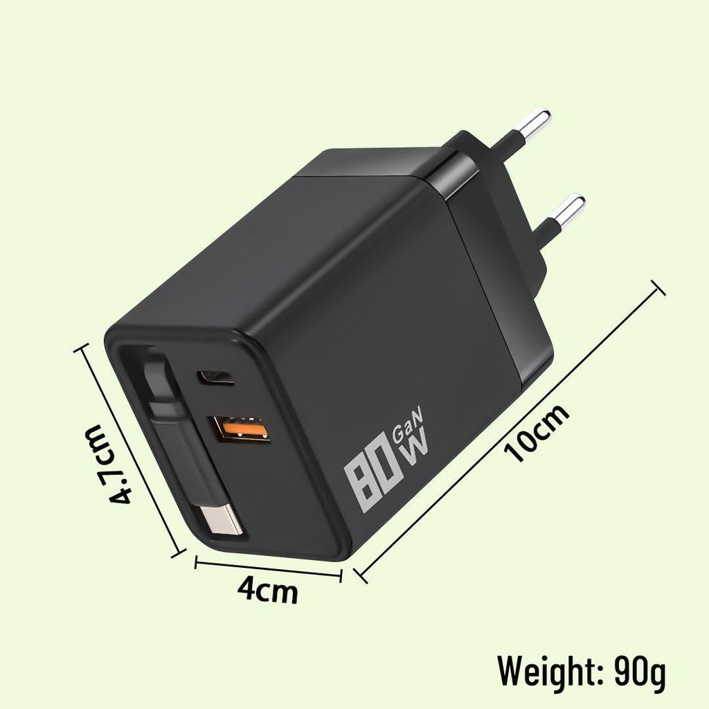 Dual Port Foldable GaN Charger with Retractable Cable for Fast Charging Apple, Huawei, Xiaomi Devices