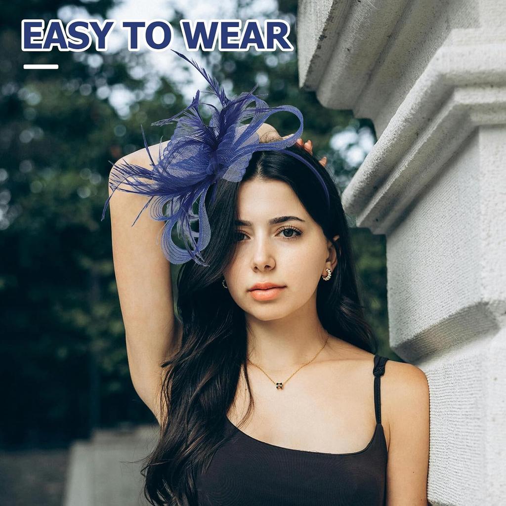 Ciieeo Navy Blue Mesh Decorative Hat with Plume Headband and Hair Clip for Women Tea Party Wedding Cocktail Special Occasion Accessories