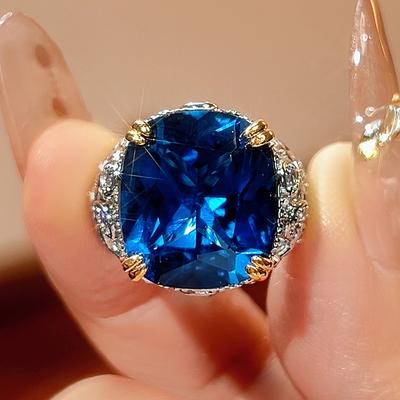 Bague en cuivre Lesbienne Forme Rectangulaire Luxe Léger Sens Haut de Gamme Incrustée de Zircon Bleu