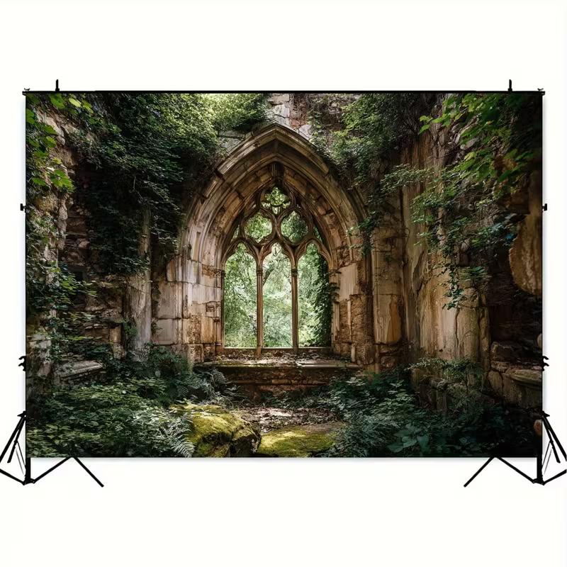 2D Abandoned Cathedral Archway Covered in Ivy and Moss Party Backdrop