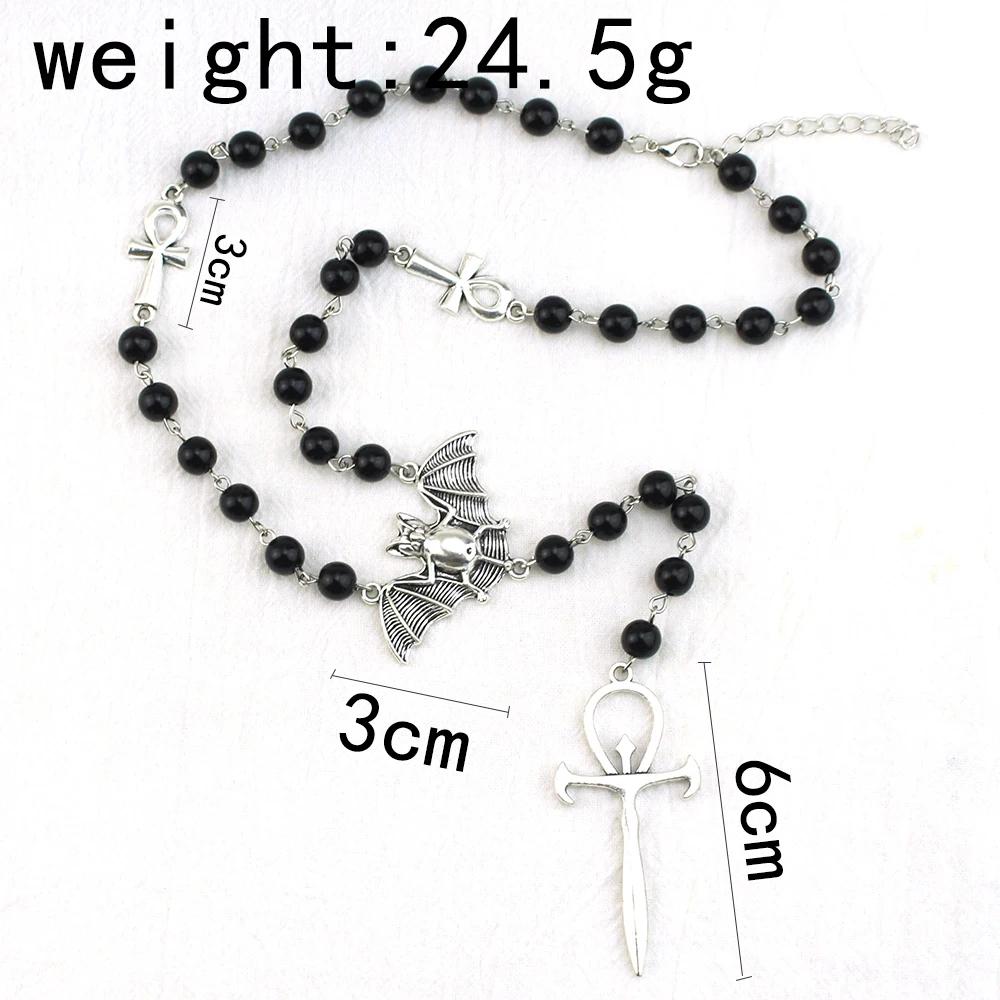 Gothic Bat Cross Rosary Necklace for Women Fashion Mystery Witch Jewelry Accessories Gift Silver Color Bat Charm Vampire Choker
