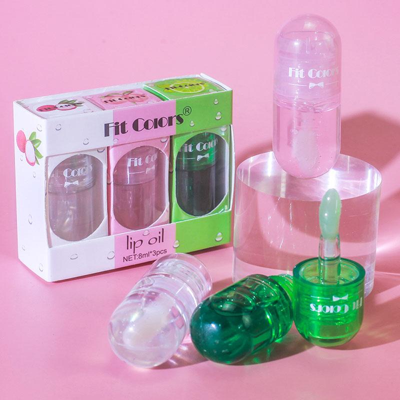 3 Sets zartes Fruchtkapsel-Lipgloss-Set, warm, prall, wasserfest, Perlen-Lipgloss, feuchtigkeitsspendendes Lippenöl, sexy, glänzende Lippenglasur