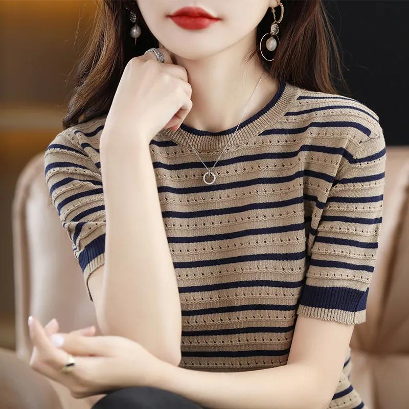 Women Summer Short Sleeve Striped Vintage T-Shirt Hollow Out Elegant Knitted Pullover