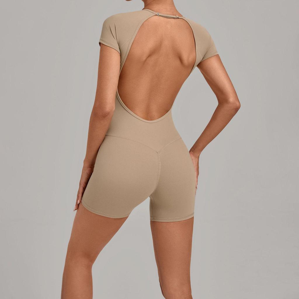 Damen-Jumpsuit mit überkreuztem Rücken und verstellbaren Trägern: Rundhalsausschnitt, Enganliegend, Po-Hebende Shorts, Yoga-Bodysuit (Modell 2701)