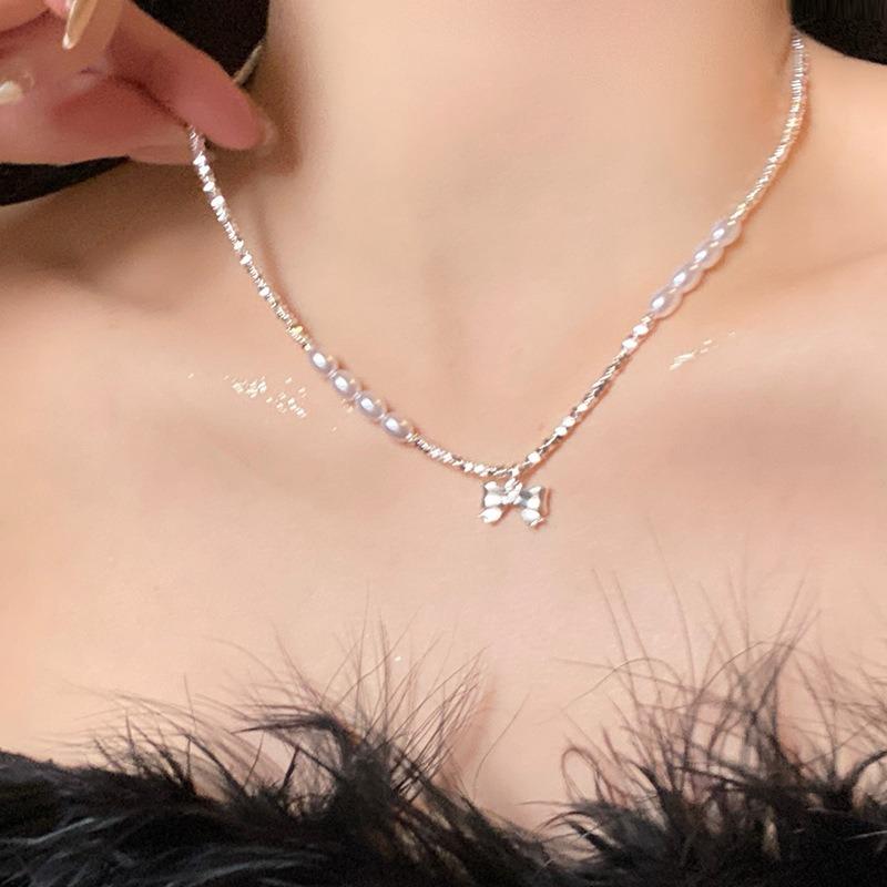 Ballet Style Bow Pink Diamond Broken Silver Necklace Women's New Super Fairy Sweet Niche Temperament Collarbone Chain Neck Chain